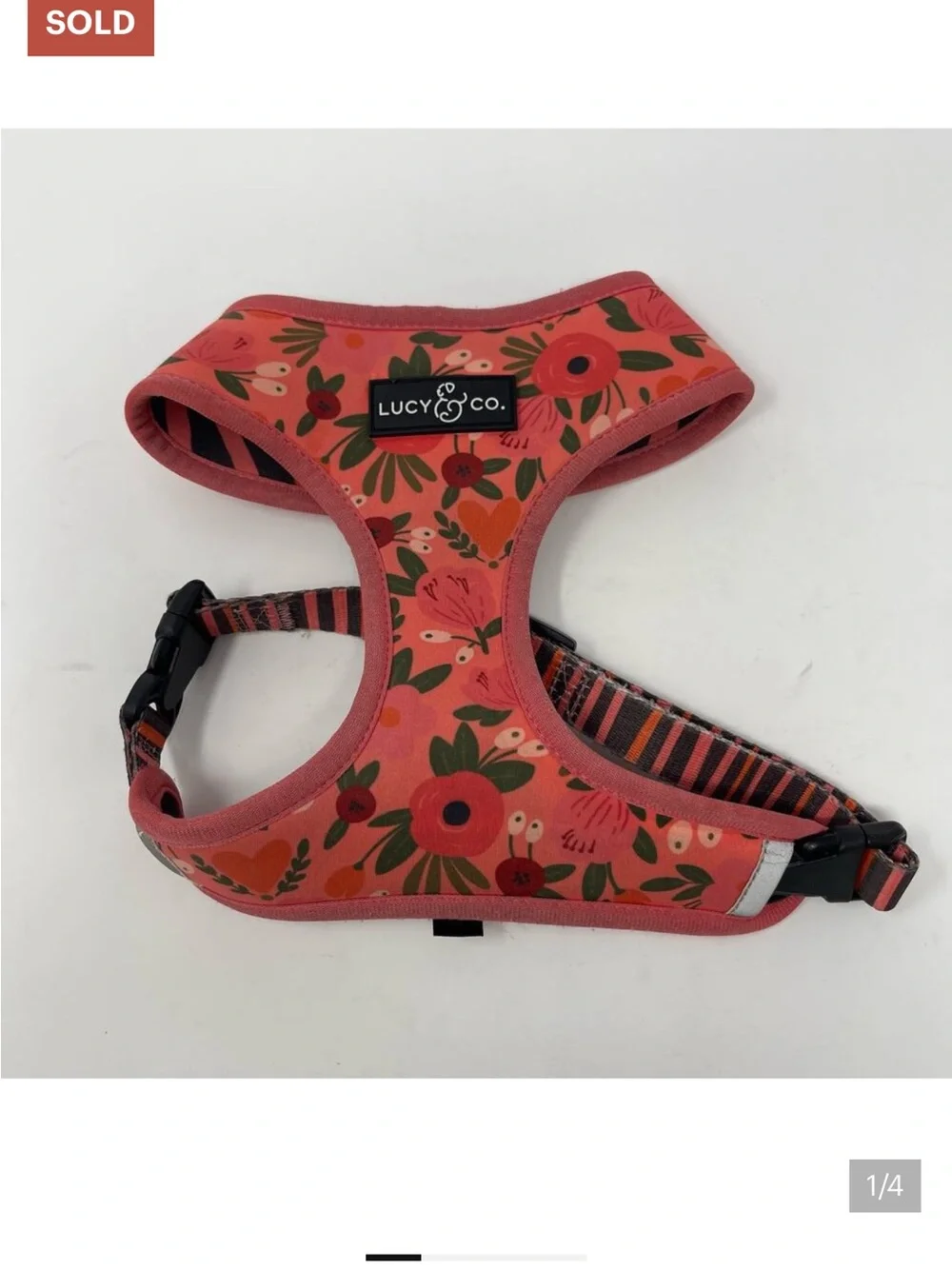 Lucy & Co Pink Reversible Floral Striped Dog Harness (M) My Boston Terrier 22lb